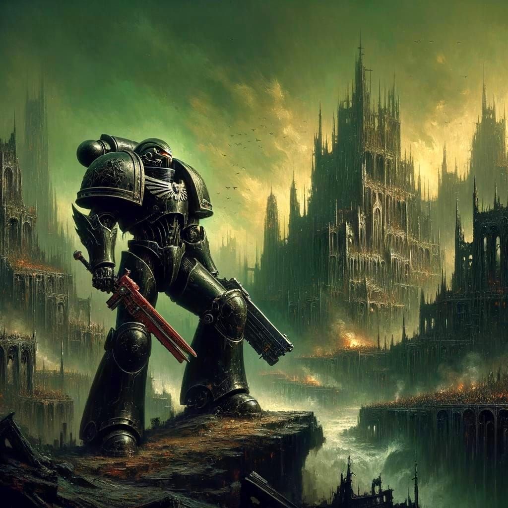 Grimdark Warrior Overlooks Ruined City as Oil Painting