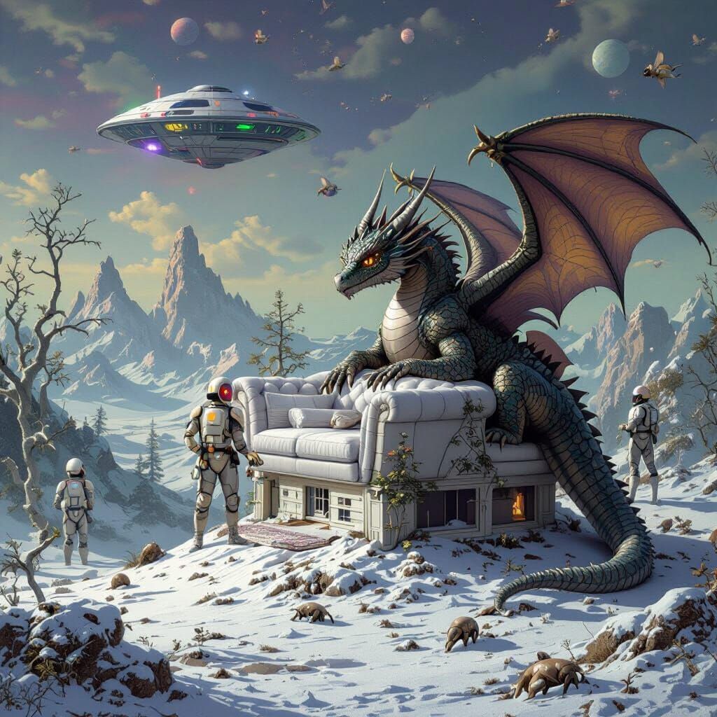 Dragon in Chicken House with UFO: Futuristic Scene