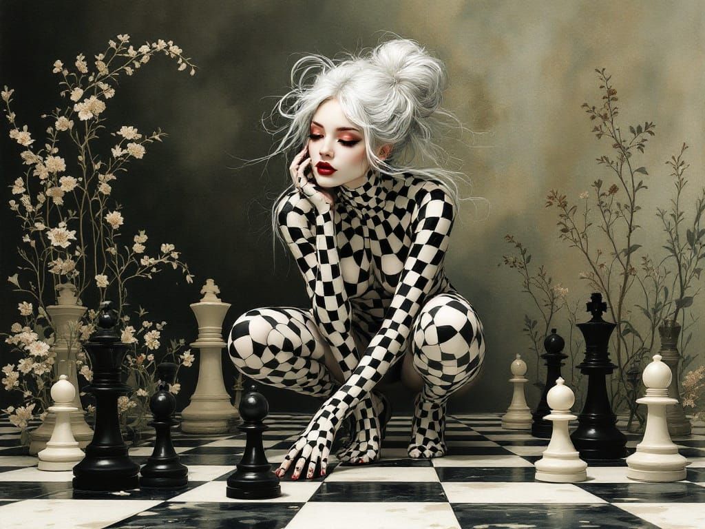 Surreal Queen in Black and White, Crouching on Chessboard Fl...