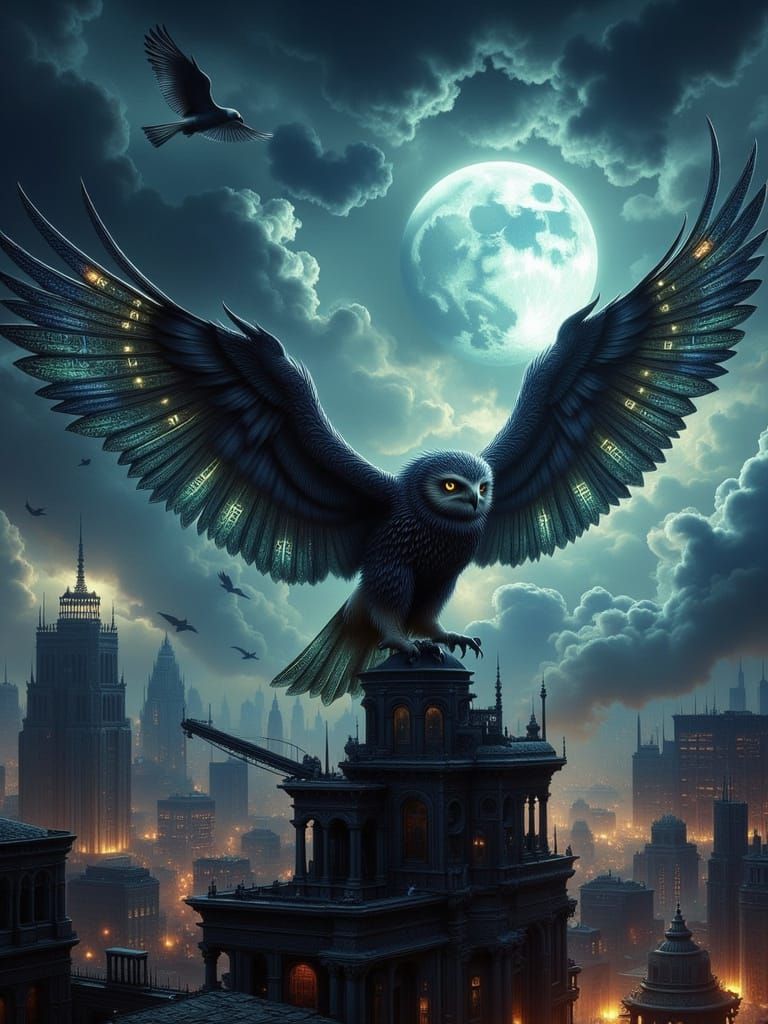 Celestial Owl with Runes on Apocalyptic Cityscape