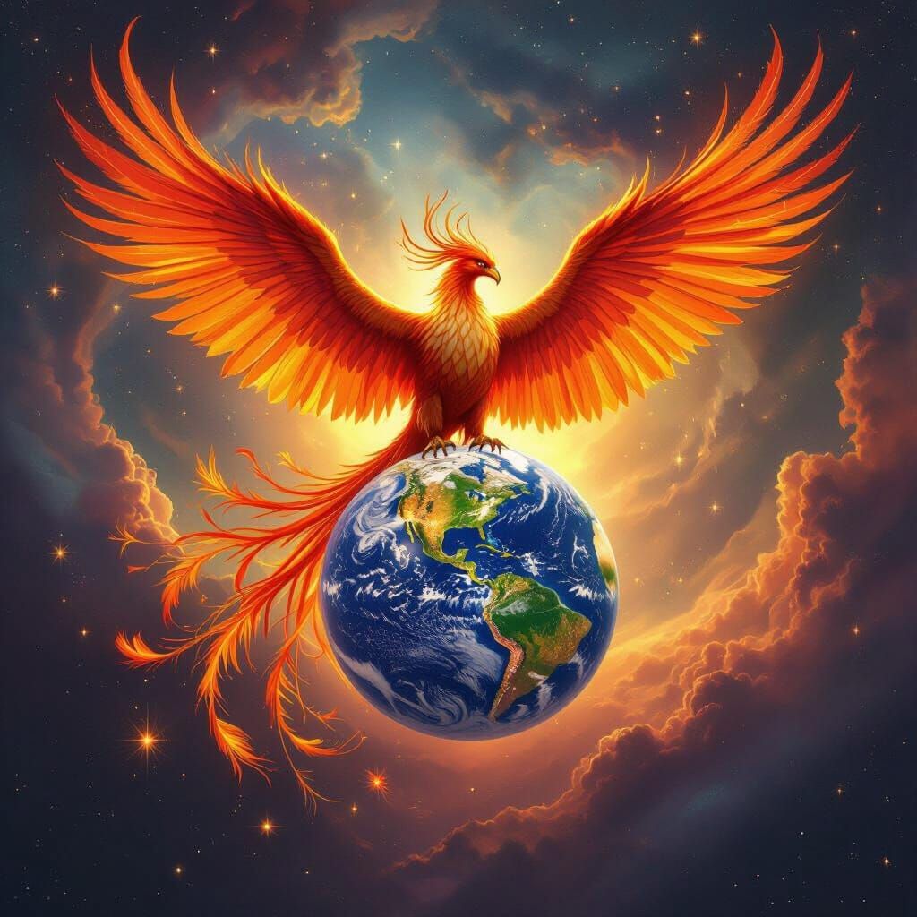 Phoenix Cradling Earth in Cosmic Digital Painting