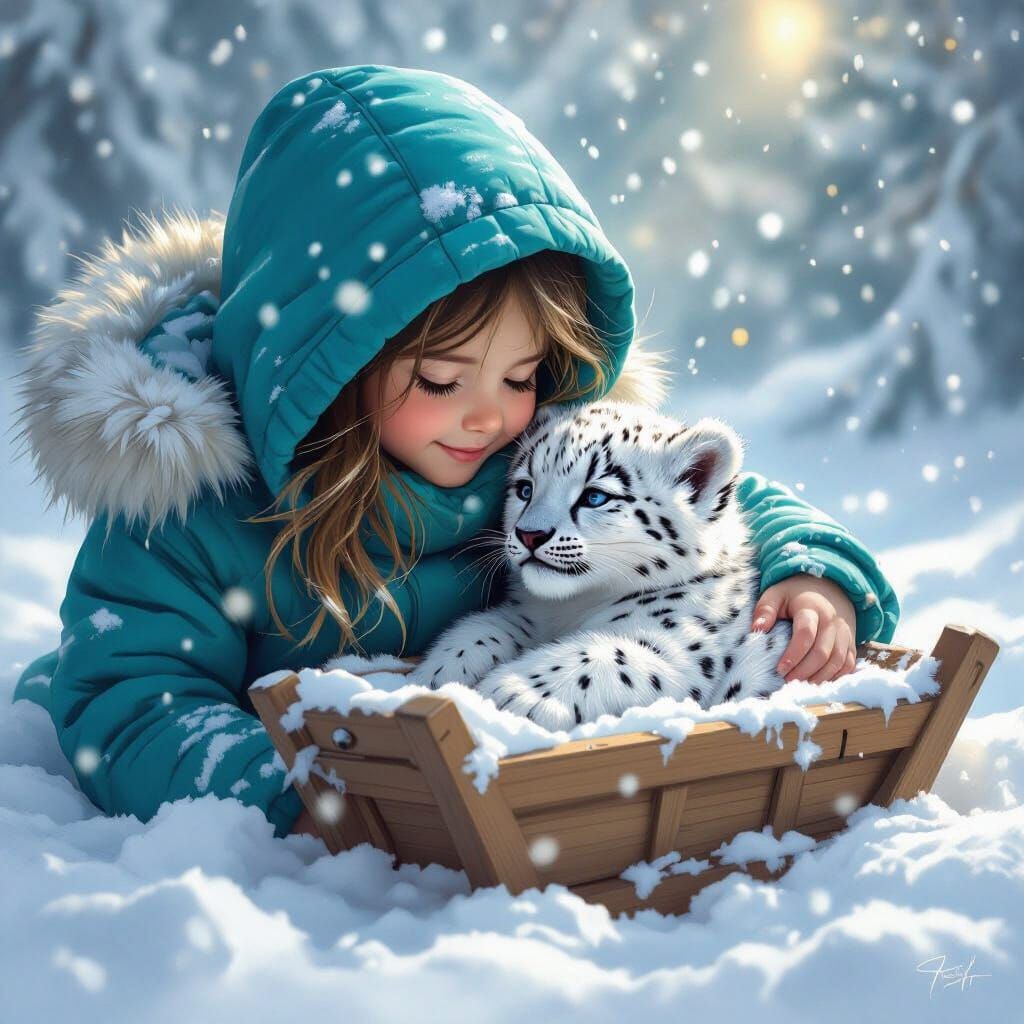 Girl and Snow Leopard in Winter Scene