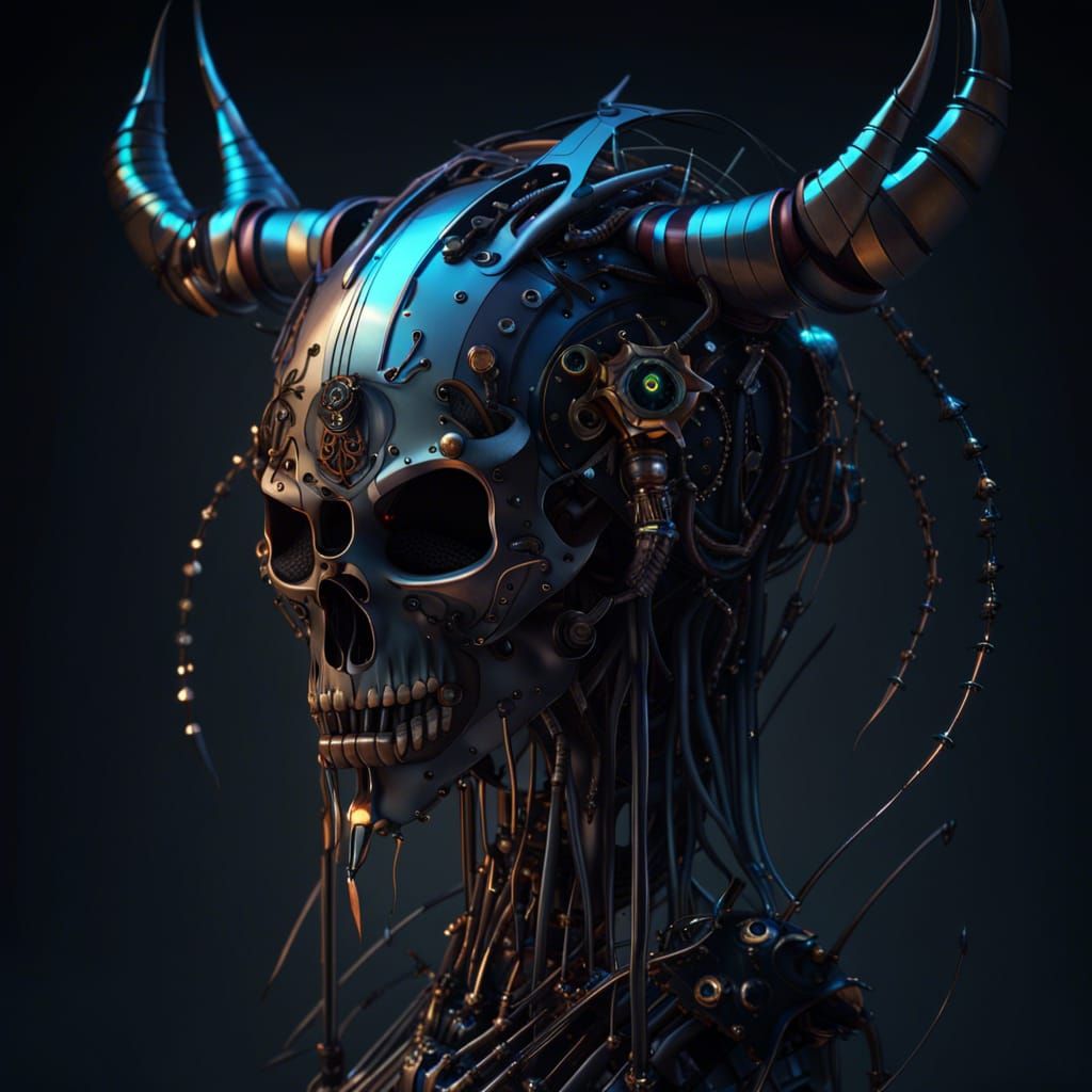 Steel Robot with Horned Skull, Dark Fantasy Art