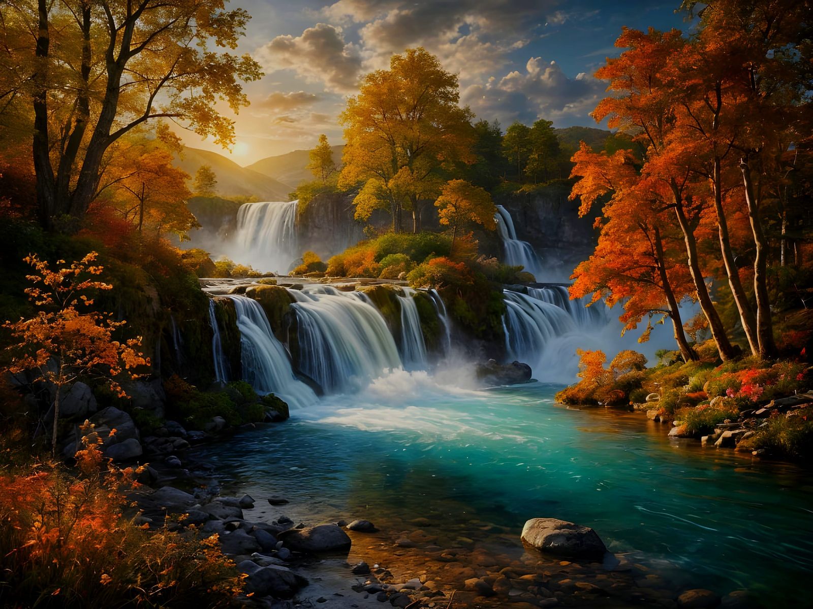 Baroque Landscape with Autumn Waterfall and Vibrant Foliage