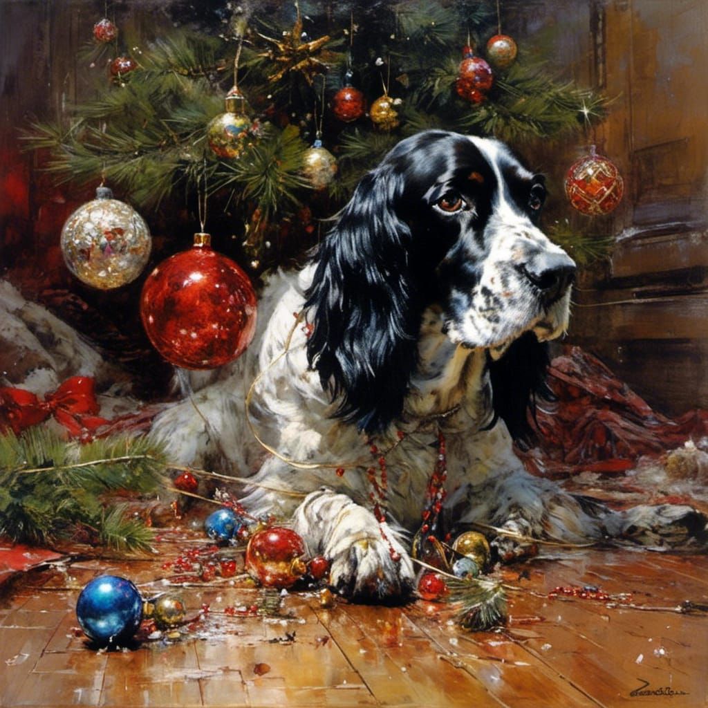 Spaniel Mischief: Christmas Tree Chaos in Fantasy Art