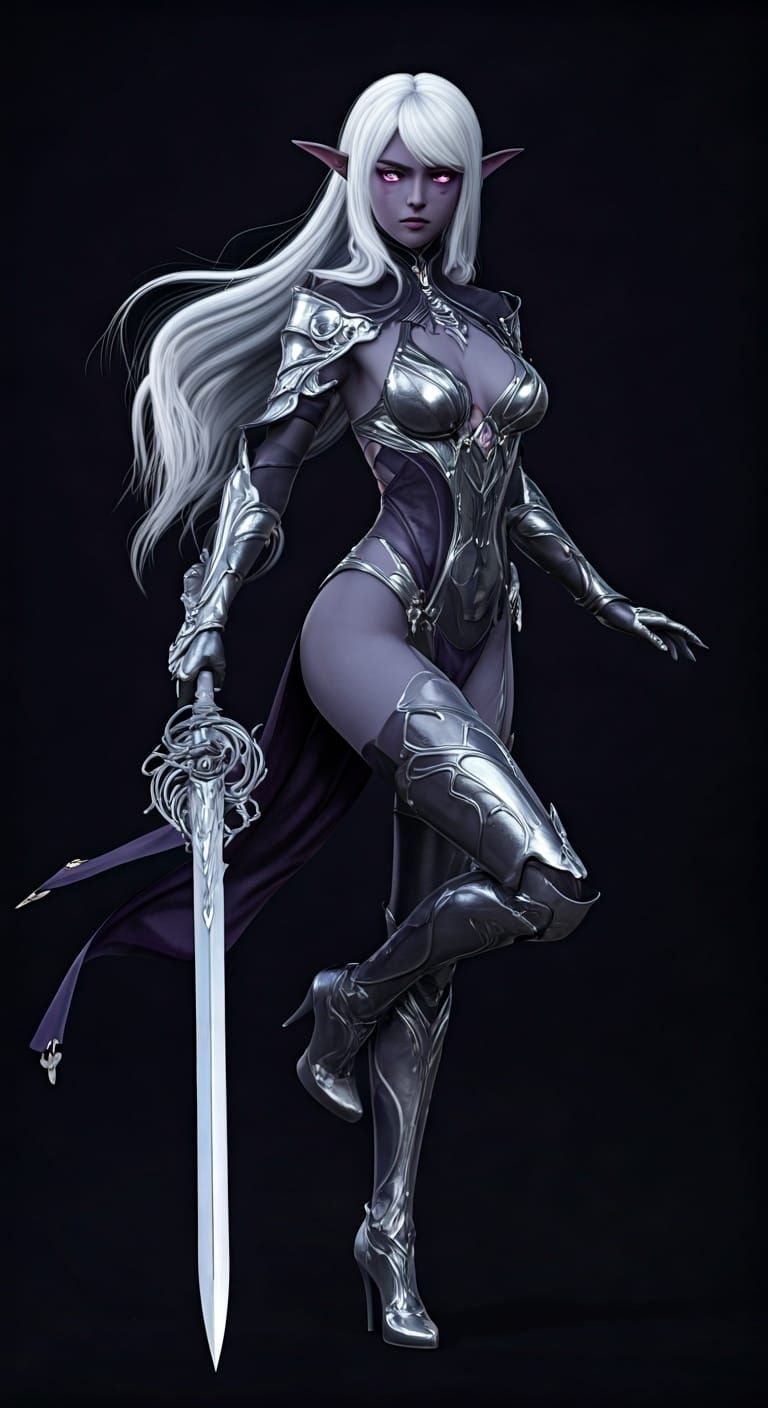 Dynamic Dark Elf Duelist in 3D Anime Style