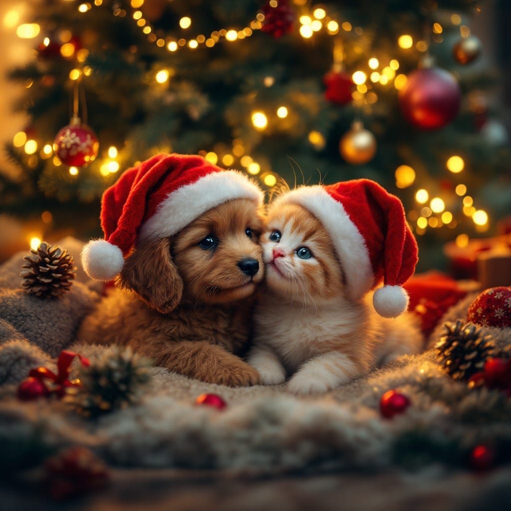 Magical Christmas Scene with Adorable Feline and Canine Frie...