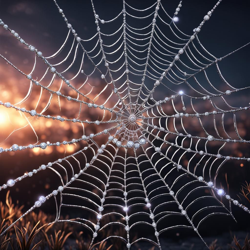 Diamond-Sprinkled Silver Spider Web in Metallic Art