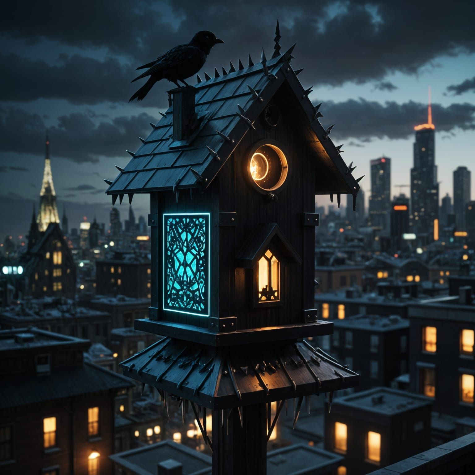Futuristic Birdhouse with Spikes in Cyberpunk Style