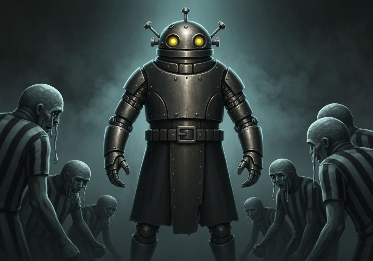 Metallic Android Warden Overseeing Weeping Prisoners