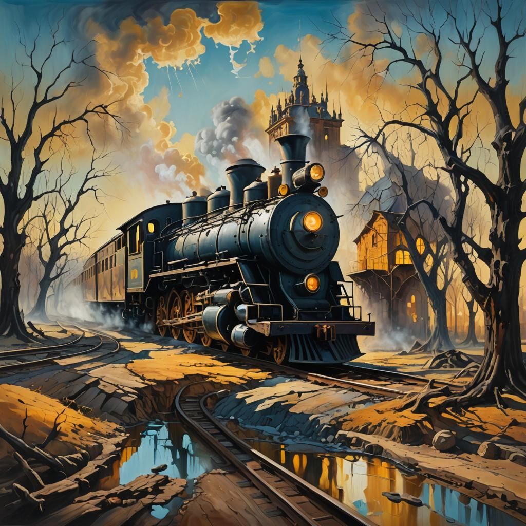 Surreal Train Hurtles Through Dream Landscape