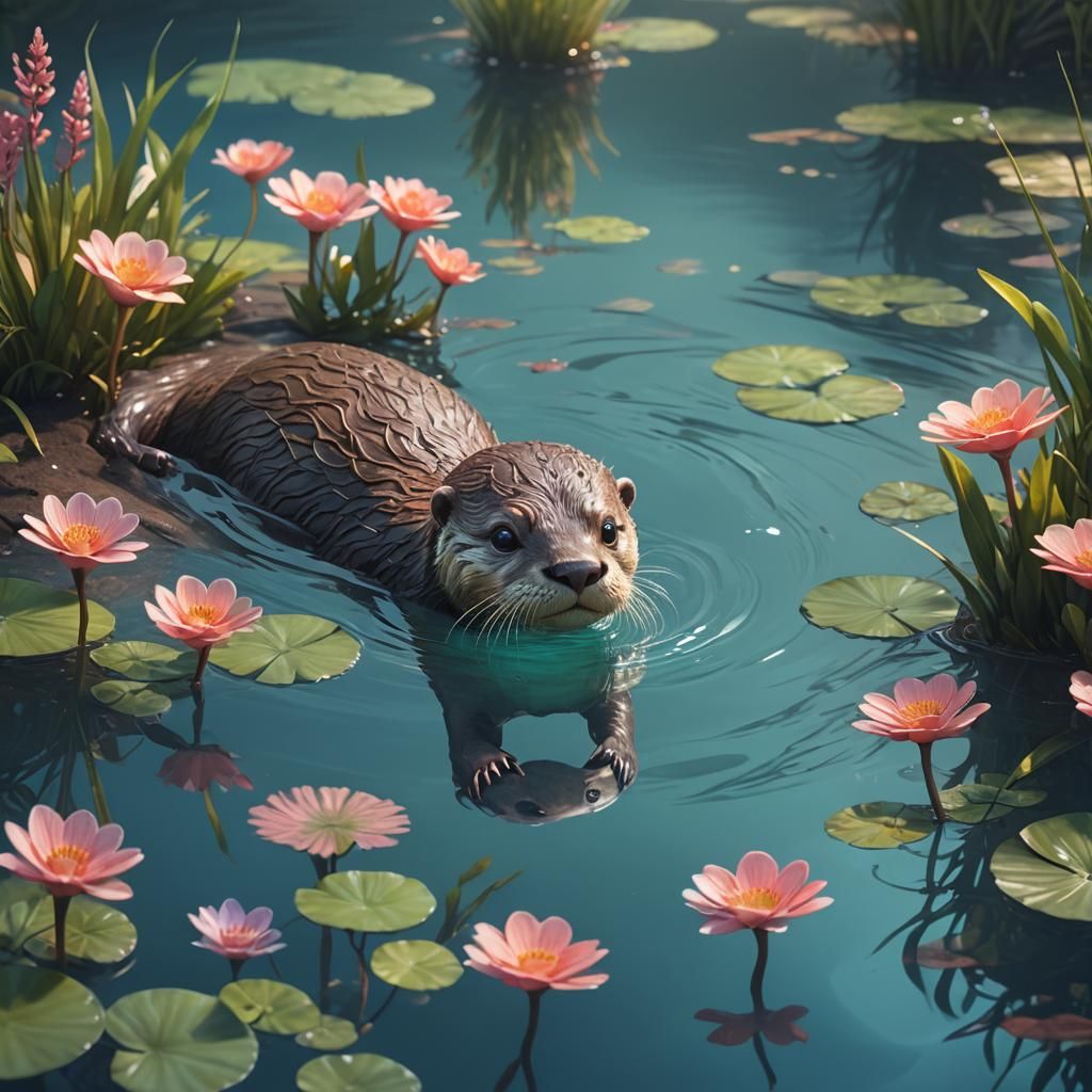 Cute Baby Otter in Water: Whimsical Concept Art