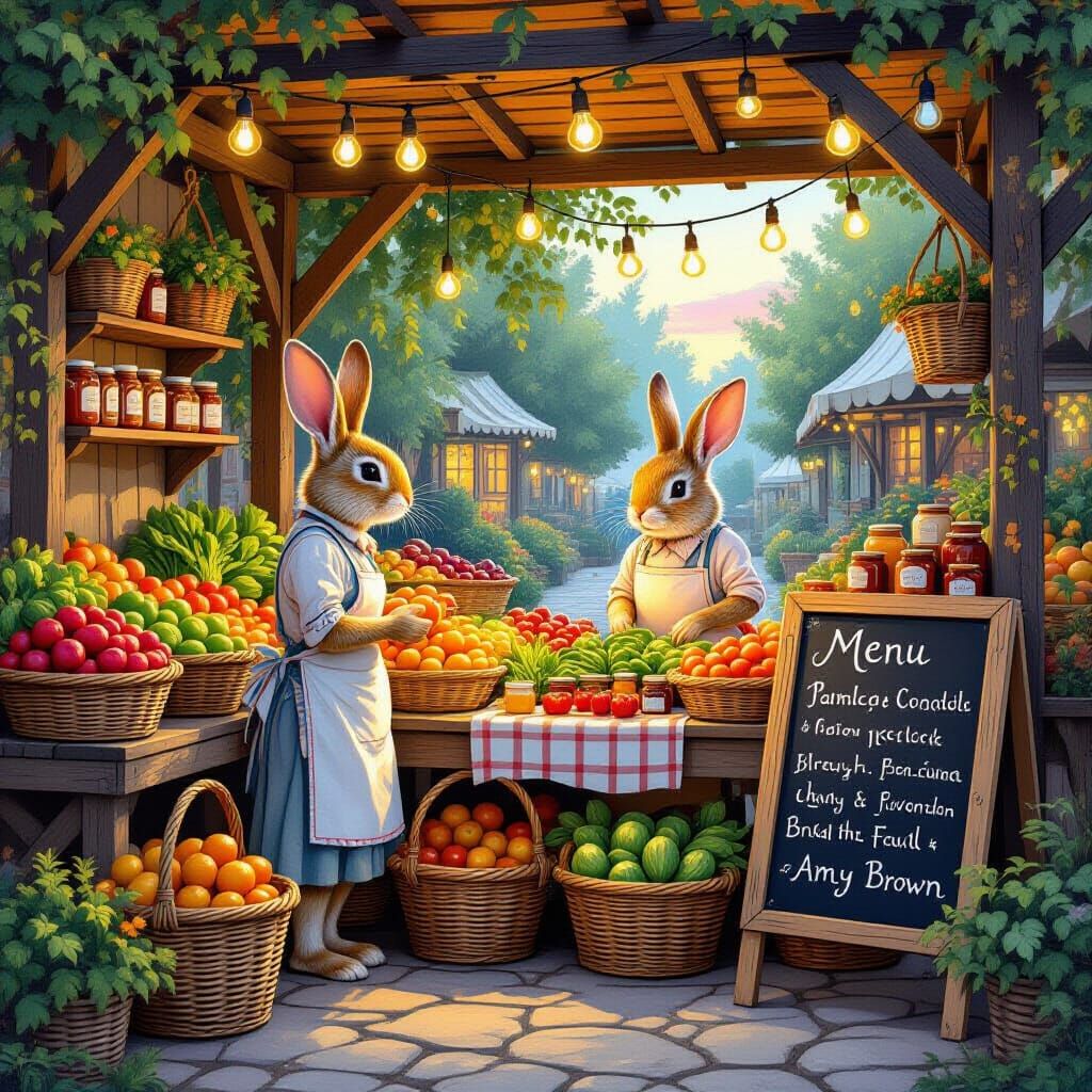 Rabbit Market Stall at Dusk in Storybook Style