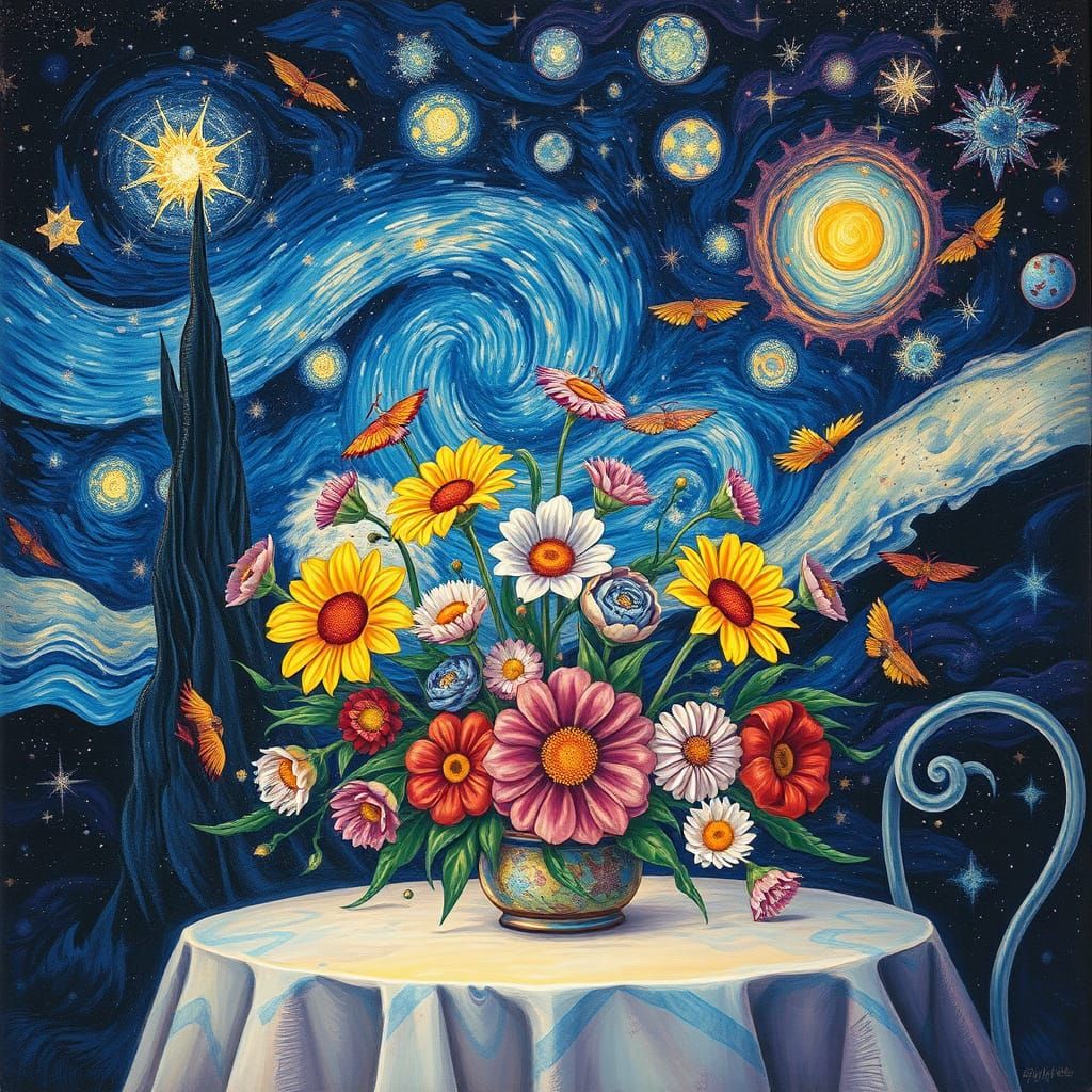 Cosmic Dream Portrait of Lilies Under a Starry Night