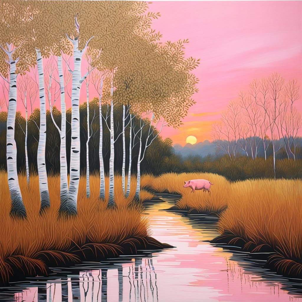 Pig Walking at Dusk with Golden Outlines