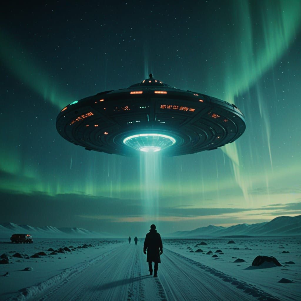 Mysterious UFO Landing at the North Pole in Film Noir Style