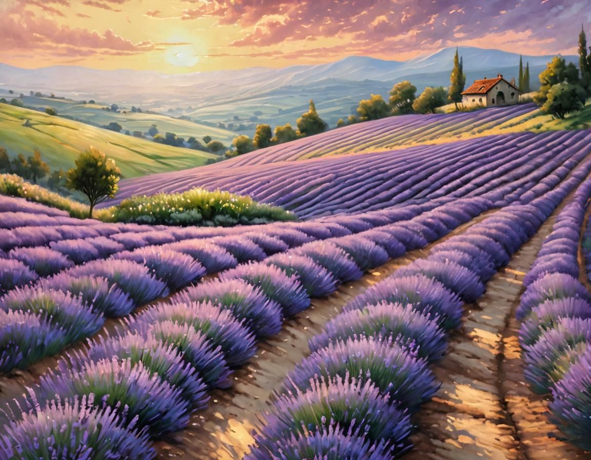 Lavender Field Path to Dreamy Sunset: Oil Painting