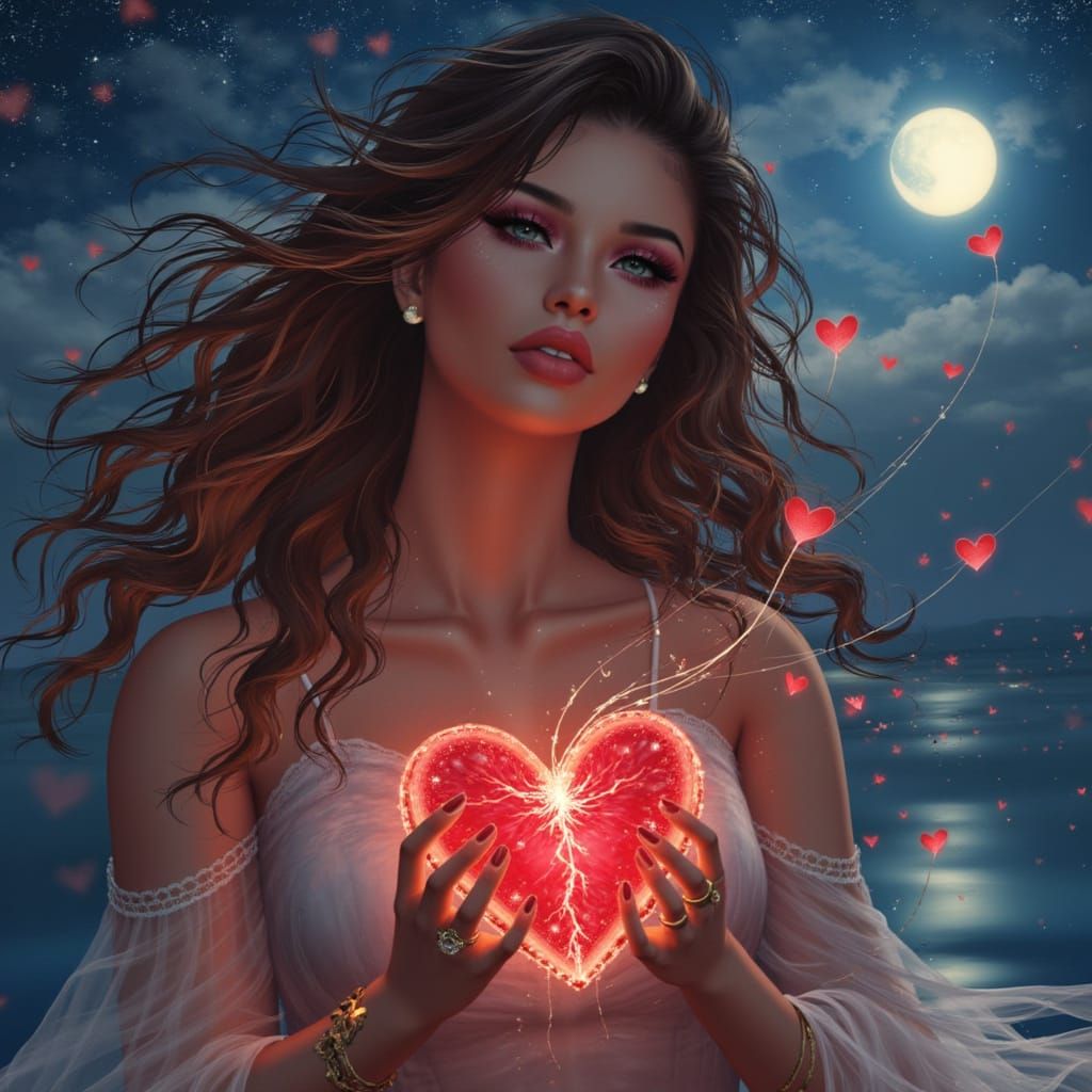 Heartstrings: Woman Holding Heart in Starry Night Sky
