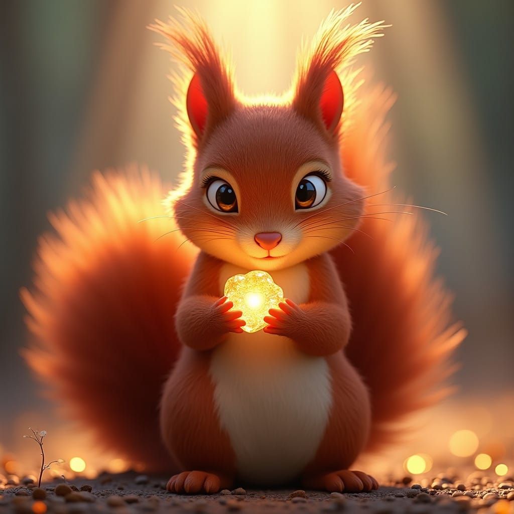 Squirrel Hugs Radiant Stone in Whimsical Disney-Inspired 3D...