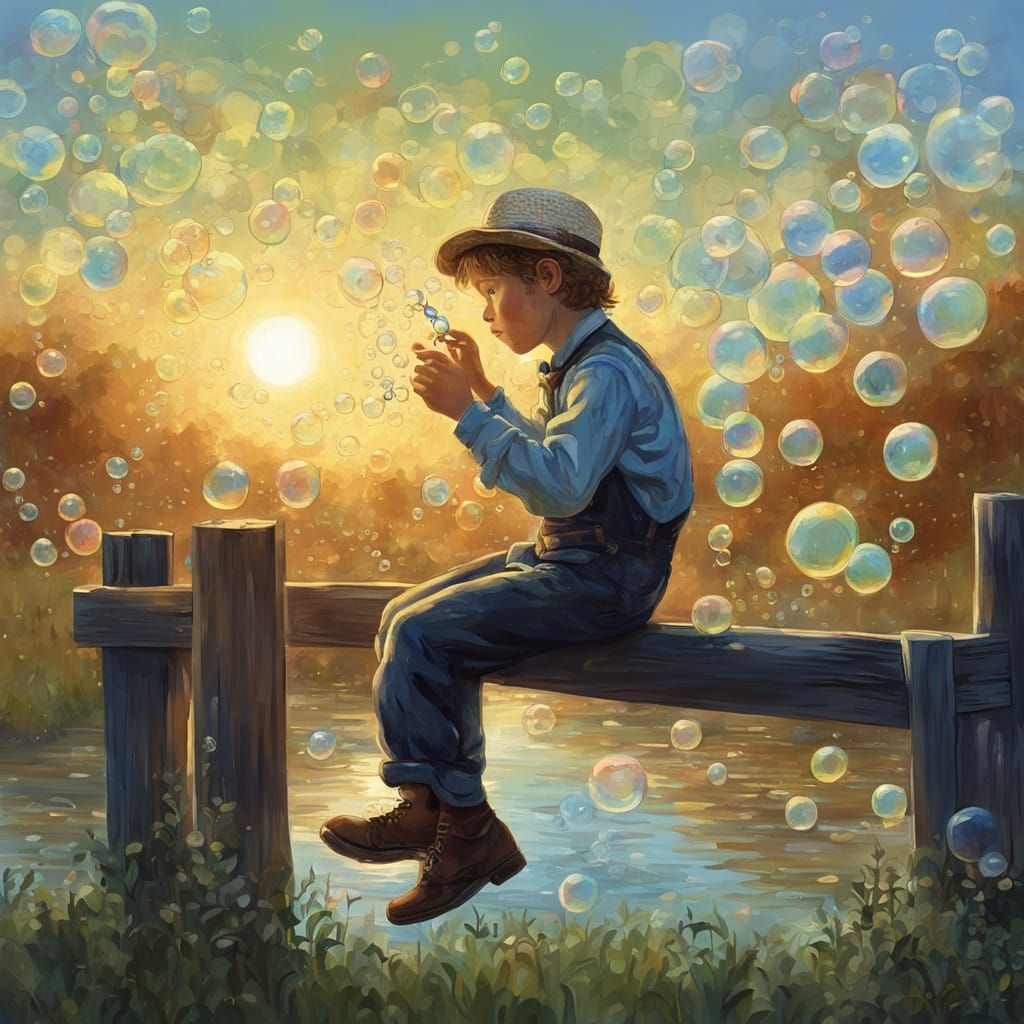 Boy Blowing Soap Bubbles in Morning Light, Van Gogh-Inspired