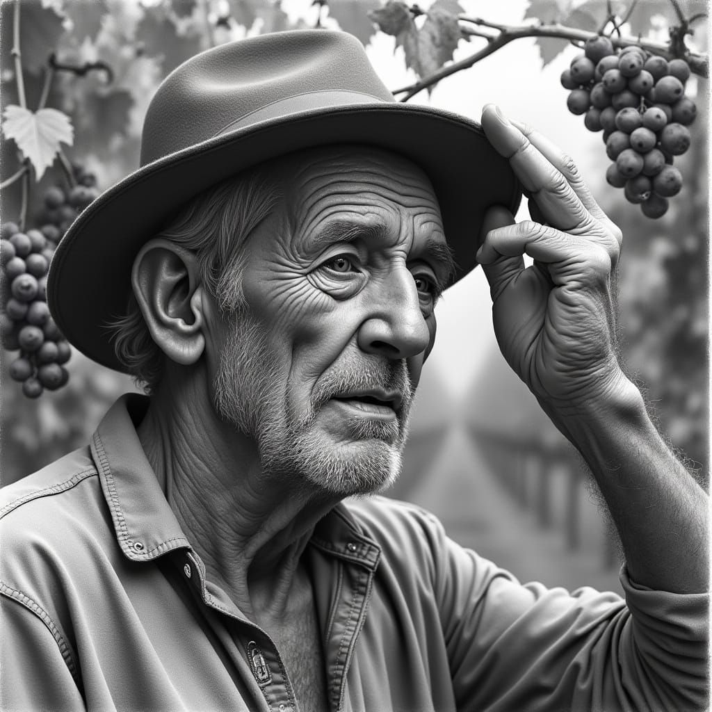 Weathered Italian Farmer Amidst a Lush Vineyard