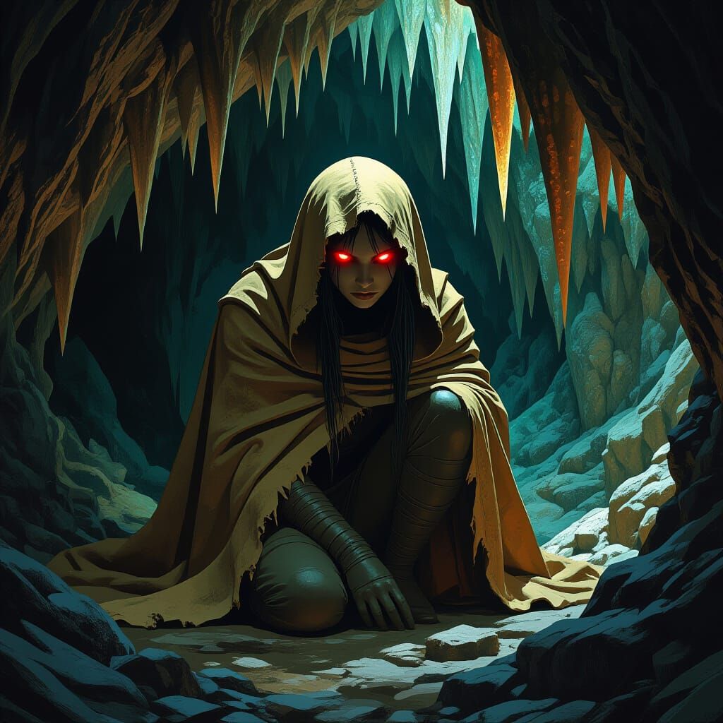 Mystical Snake Woman in Cave, Digital Painting Style