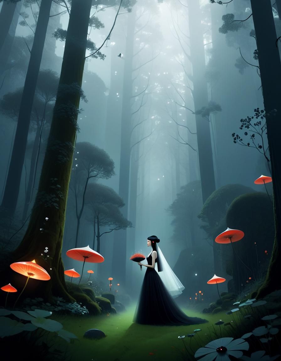 Gothic Bride in Enchanted Forest Illustration