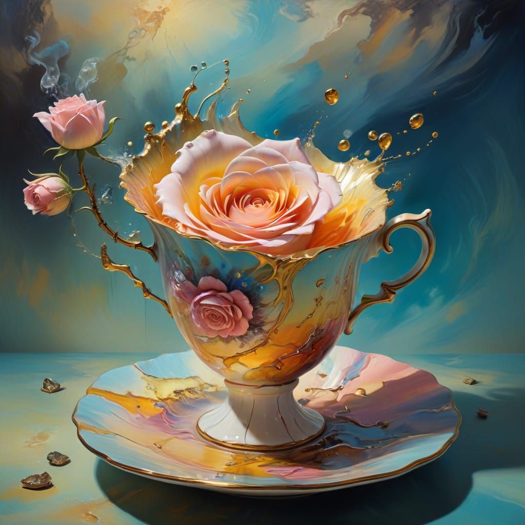 Surreal Oil Painting of Rose Teacup Swirling into Vortex