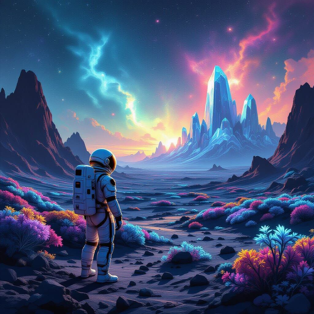 Astronaut on Alien Planet with Bioluminescent Flora
