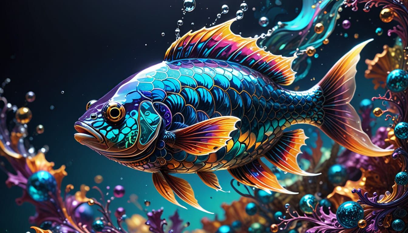 Glass School Fish with Fractal Art Details