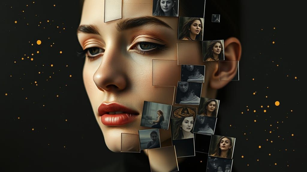 A layered collage portrait of a woman’s face fragmented into semi-transparent glass and paper tiles, each piece imprinte...