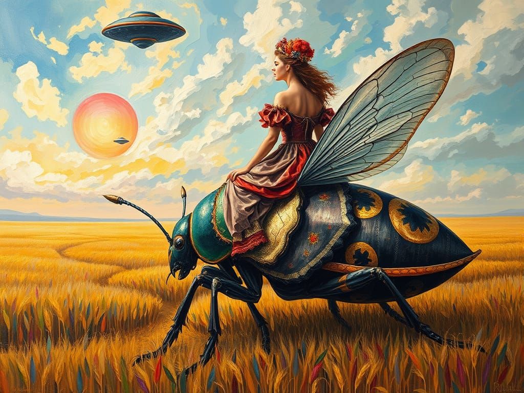 Two Women Ride a Giant Bug in a Baroque Oil Painting