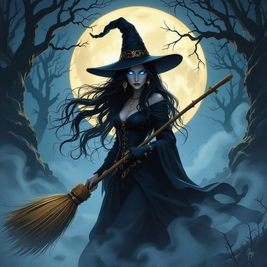 Mysterious Witch with Blue Eyes and Gold Broom in Moonlit Fo...