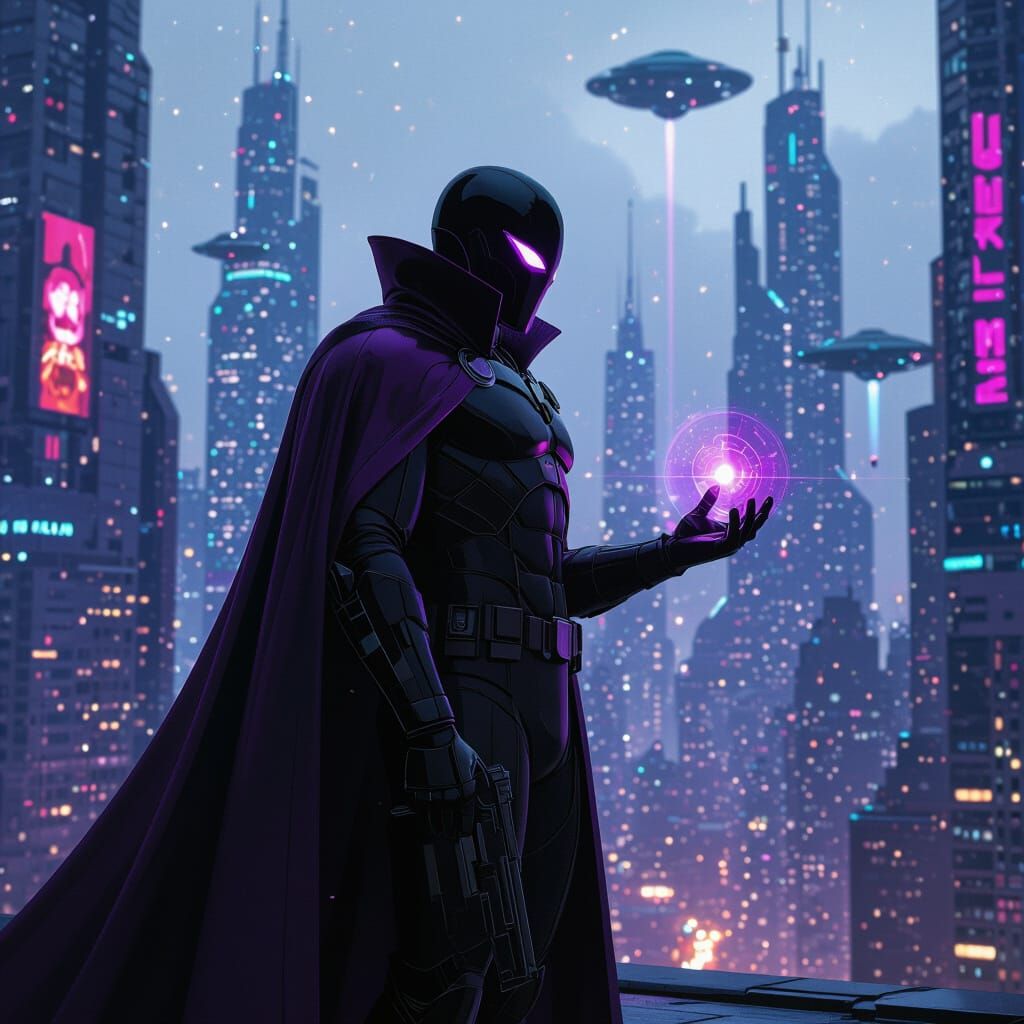 Futuristic Supervillain Plots Domination in Gritty Cityscape