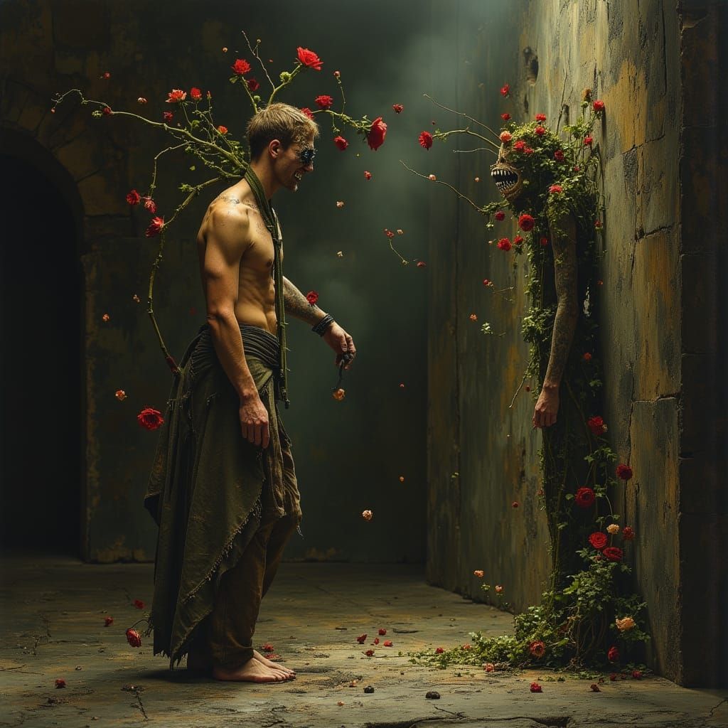 Horror Fantasy Art: Man Chained in Dungeon with Rose-Jaws Ma...