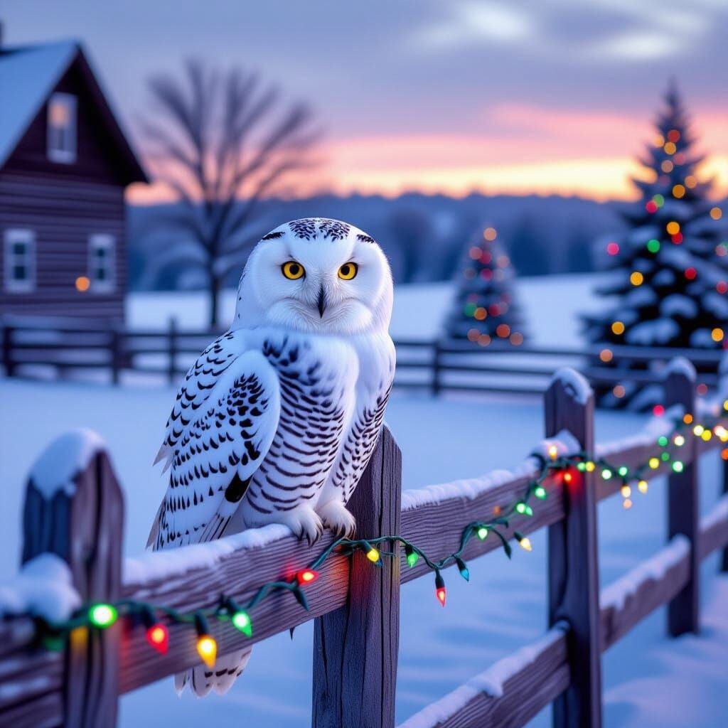 Snowy Owl on Farmhouse Fence with Christmas Lights