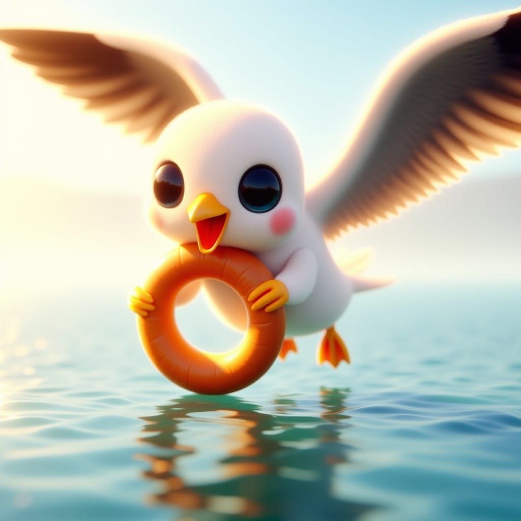 Seagull with Bagel Over Sparkling Bay: 3D Render