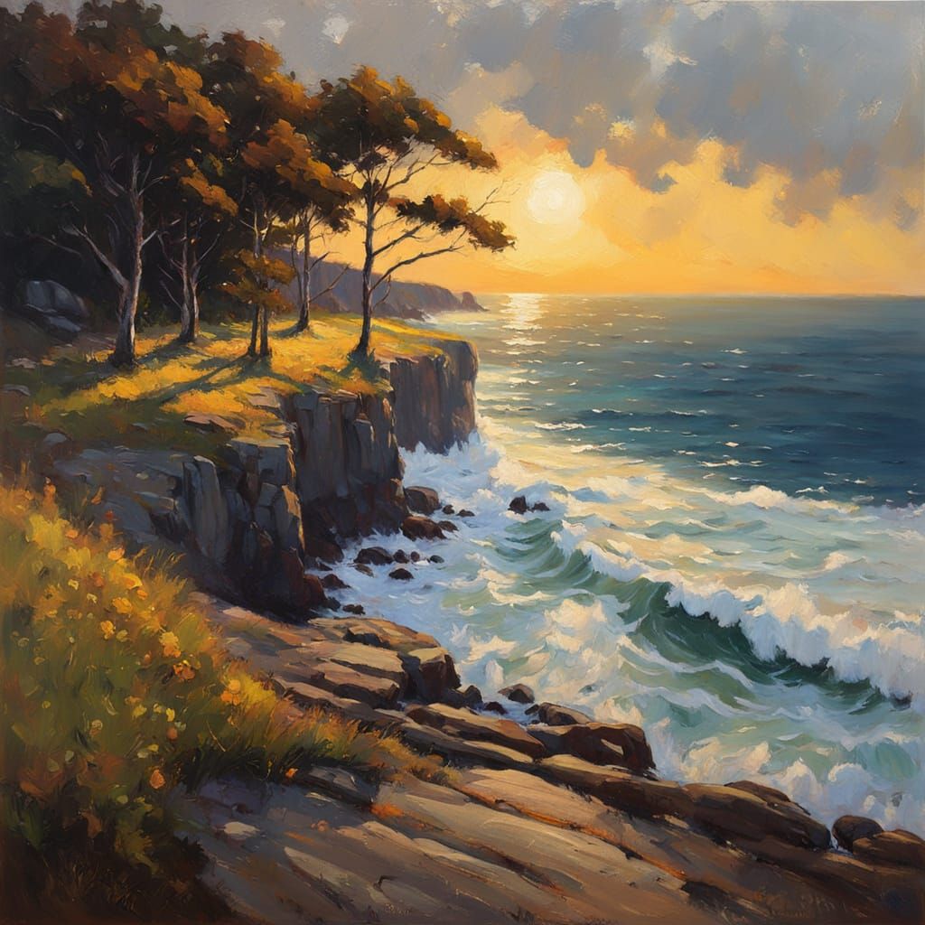 Golden Hour Landscape Painting with Expressive Textures