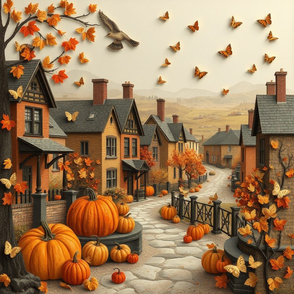 Victorian Town in Fall: Layered Paper Collage Art