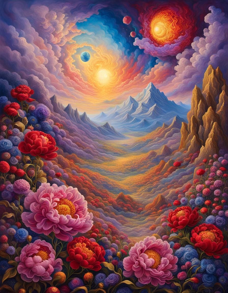 Surreal Floral Landscape with Red Peonies