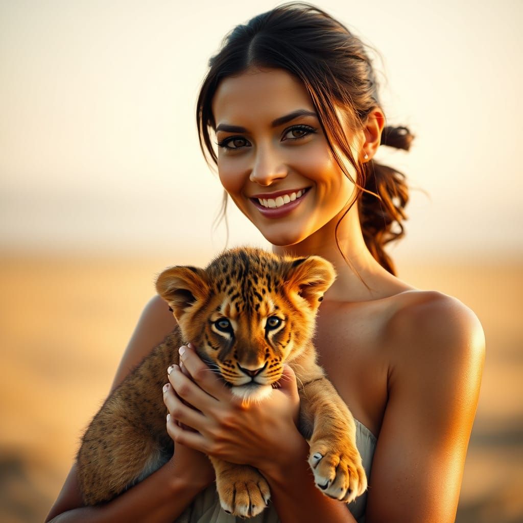African Woman Holding Lion Cub in Golden Light