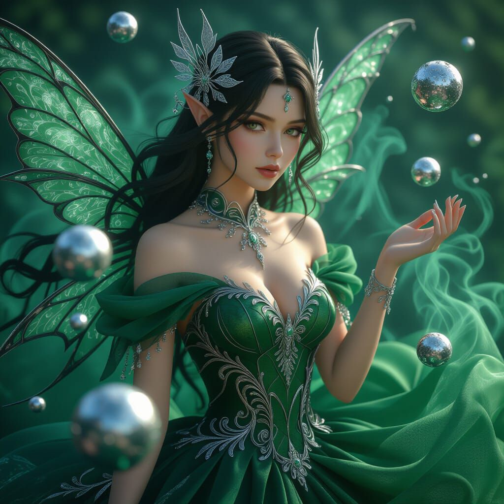 Intricate Fairy in Green Smoke with Silver Orbs