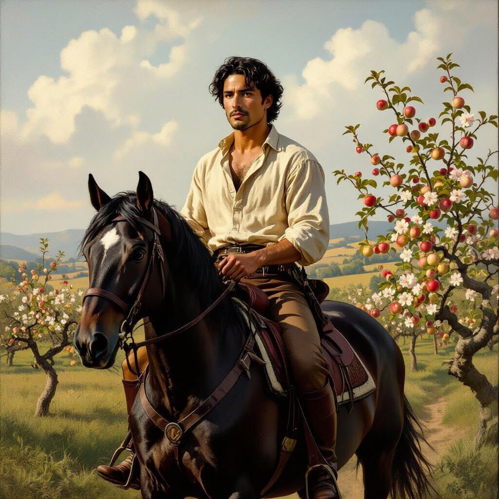 Handsome Latino Man Rides Horse in Rembrandt Style Landscape