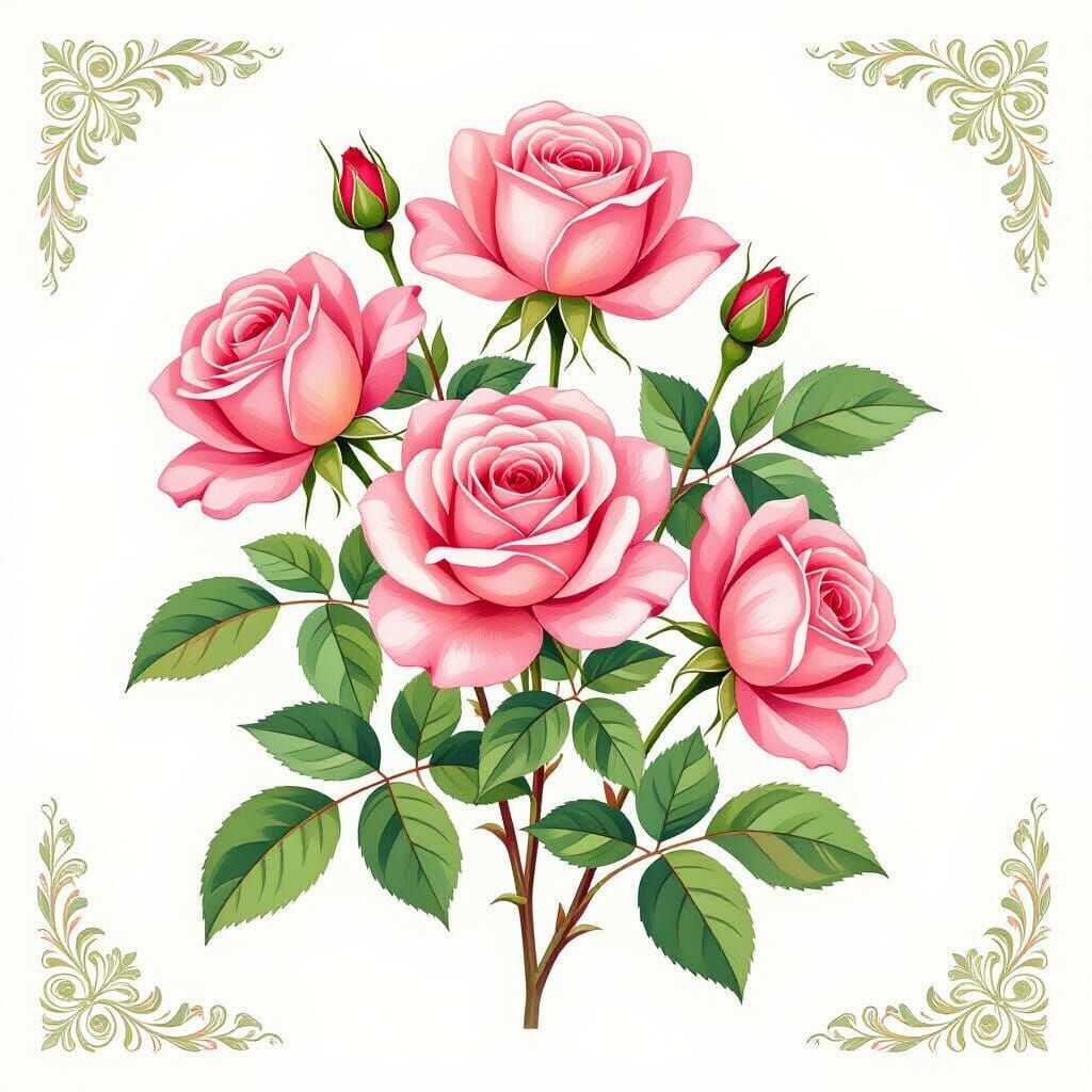 Vibrant Pink Roses Bouquet in Watercolor Style