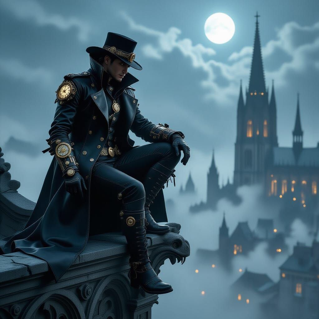 Steampunk Vampire Hunter Overlooking Cityscape