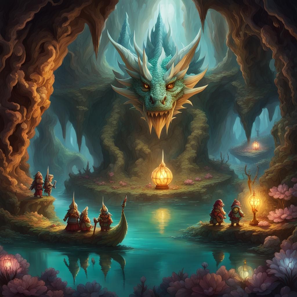 Dragon's Hoard in Mystical Cavern with Dwarves