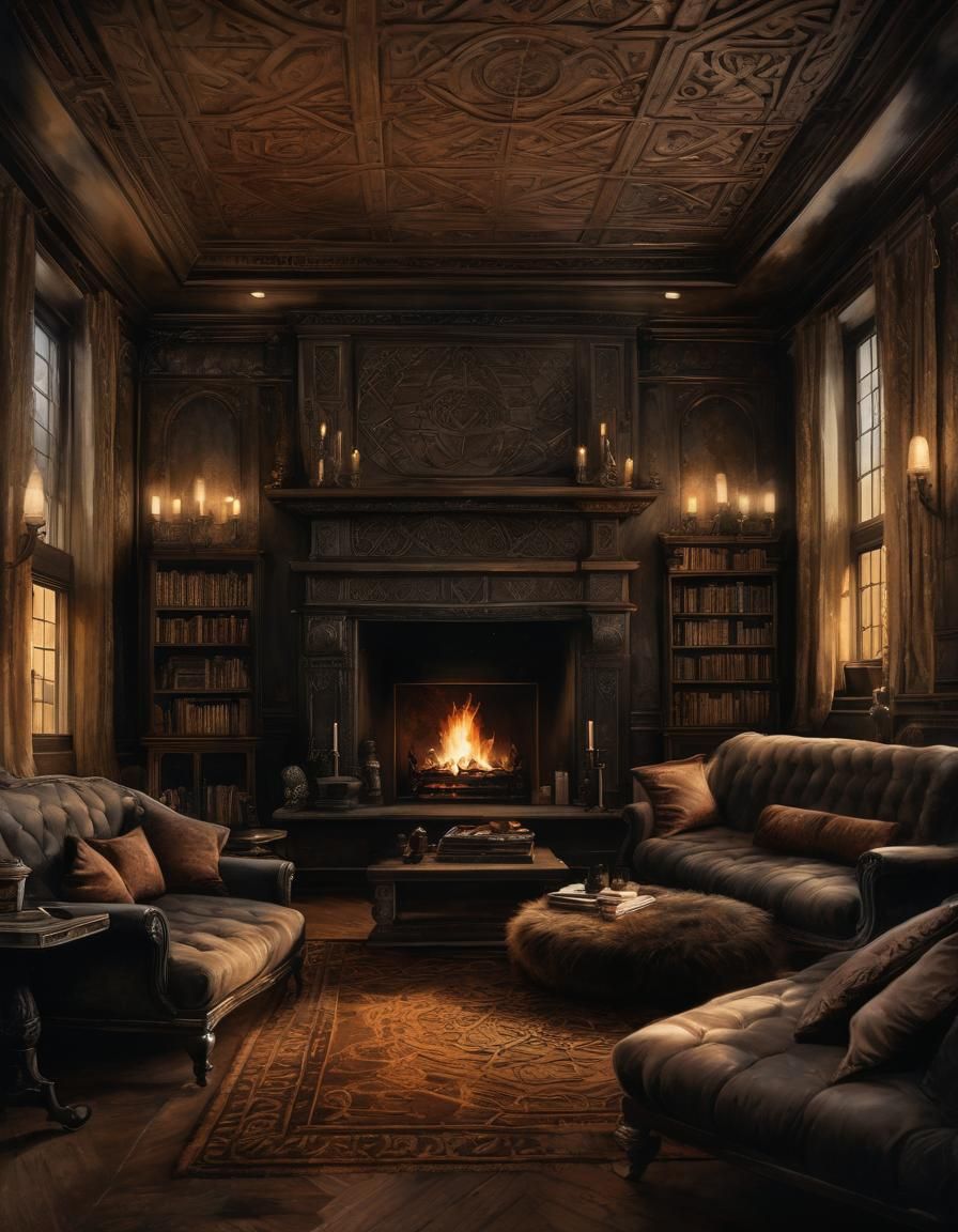 Ancient Celtic Room Interior in Watercolor and Ink