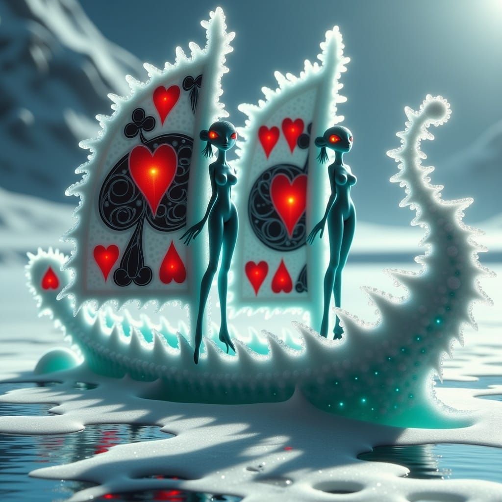 Ethereal Aliens on Ice Ship with Playing Card Sails