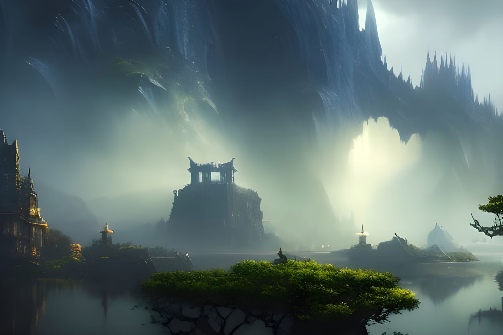 Blue Dragon by the Pond: Fantasy Digital Art