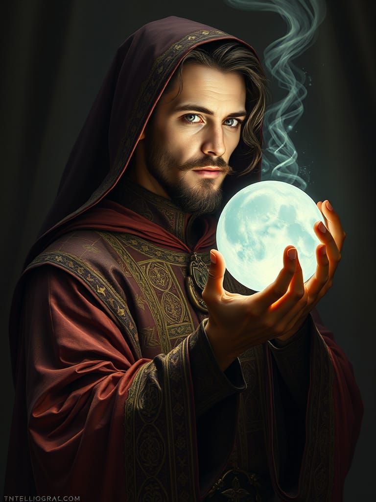 Hyperrealistic Seer with Crystal Ball in Dark Setting